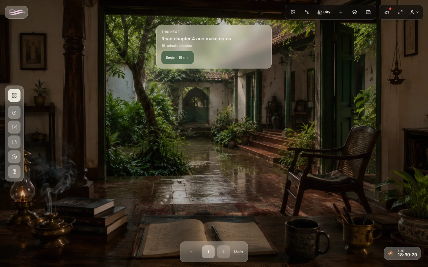 A rainy courtyard desk with one task named for the next session