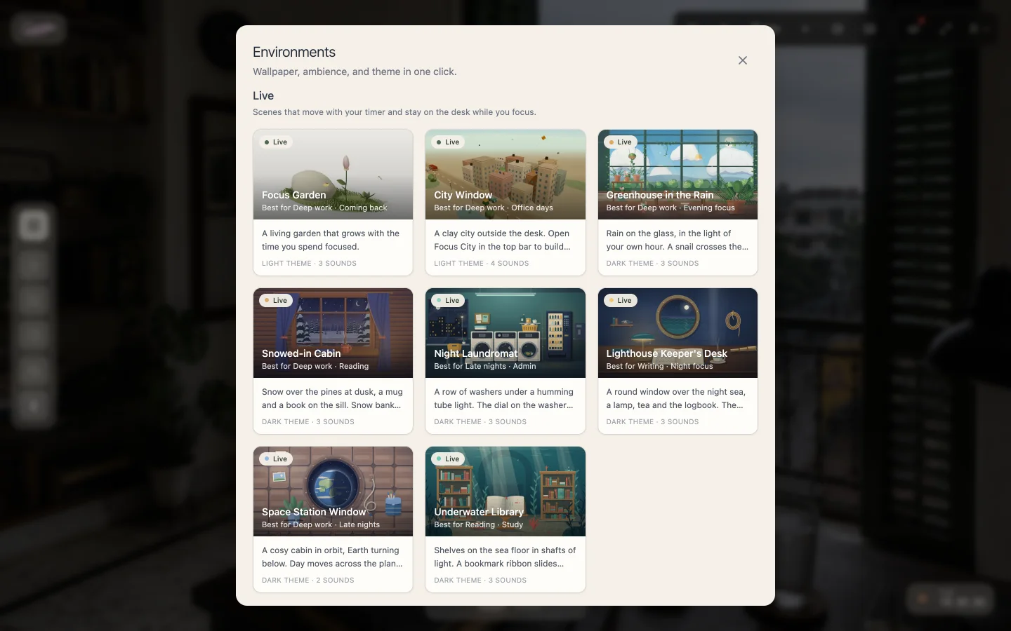 The environment picker open on the desk, showing live scenes