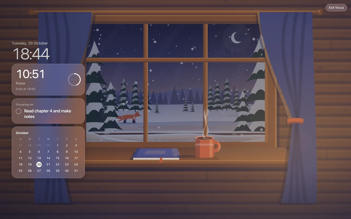 Focus mode in the snowed-in cabin, with the timer running