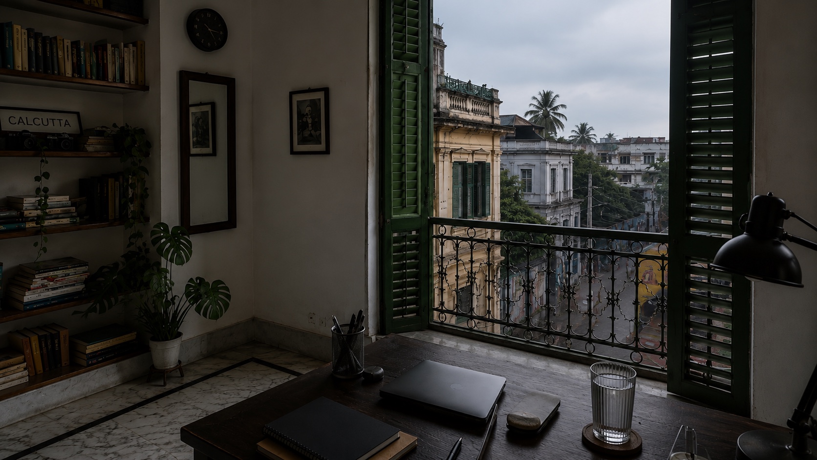 Colonial shutters open onto a quiet Calcutta street under a grey sky