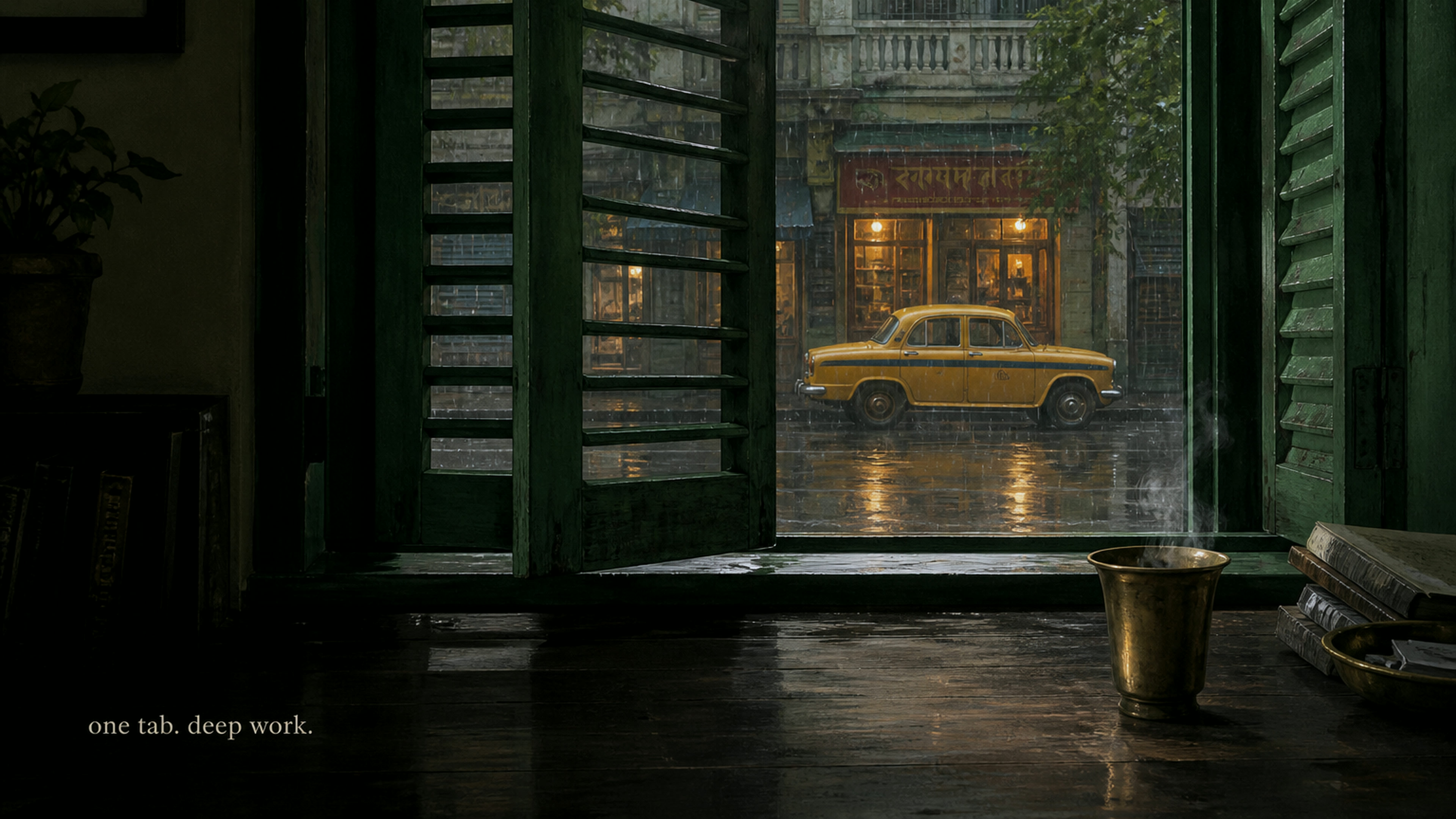 Rain outside a Calcutta window, green shutters and a warm glass of chai